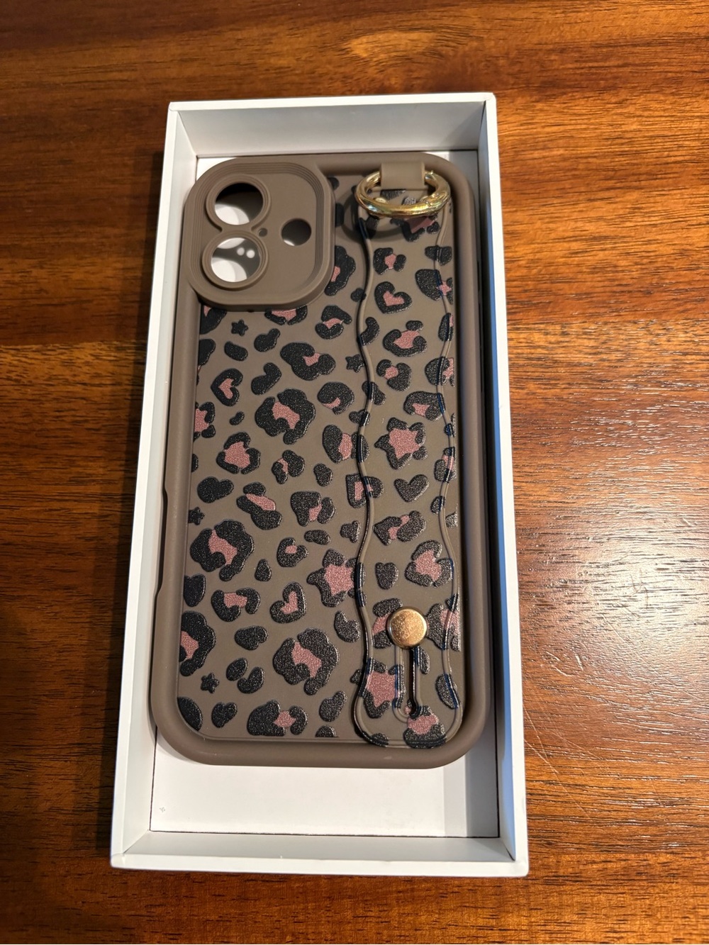 iPhone 16 plus Brown Leopard Print Phone Case with stand/wrist strap